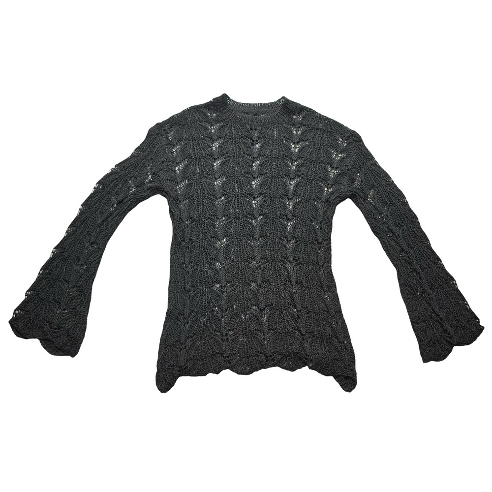 Black Knit Sweater Open Weave Long Sleeve Women’s M - Picture 2 of 7